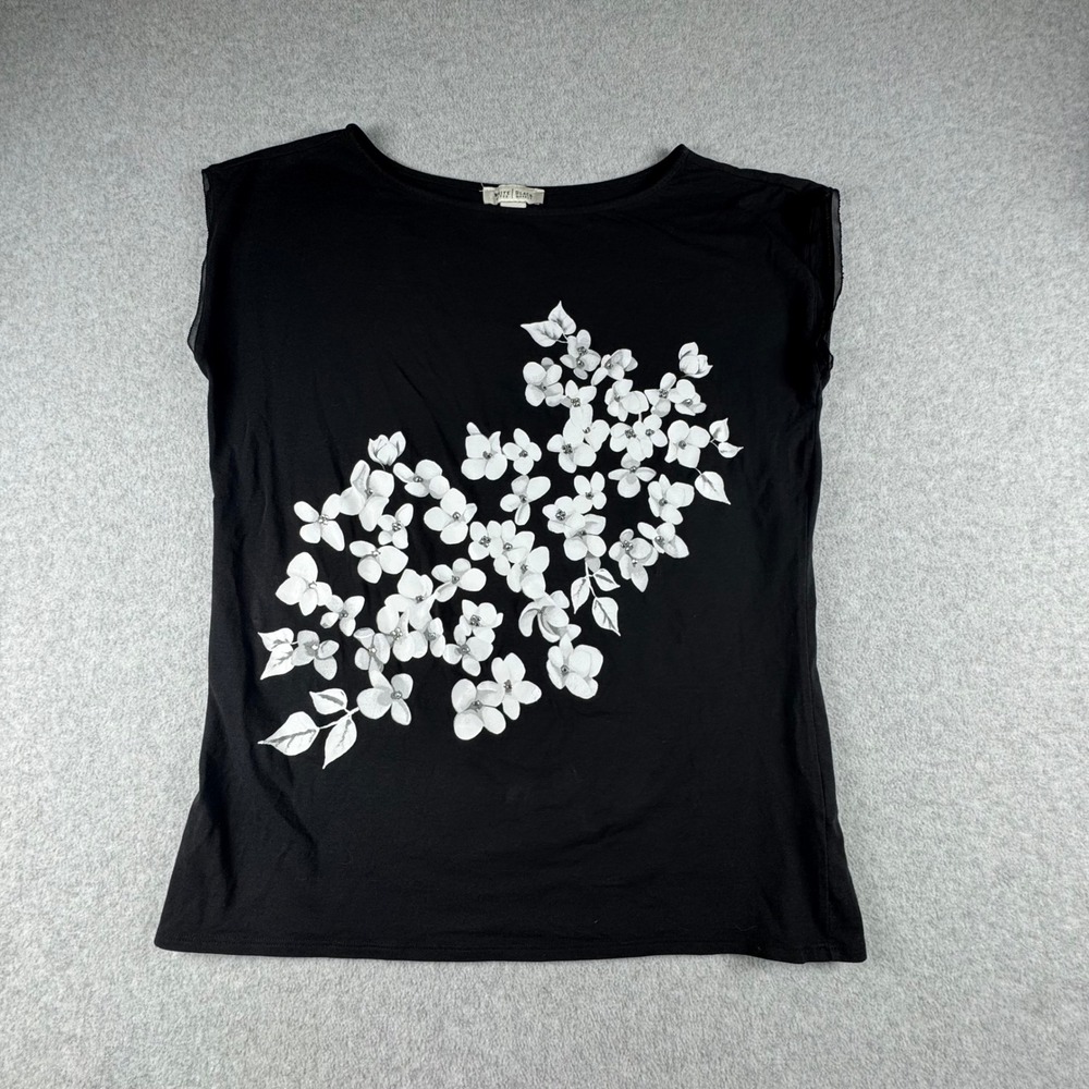 White House Black Market Black Floral Rhinestone Mesh Trim Sleeveless Top Medium
